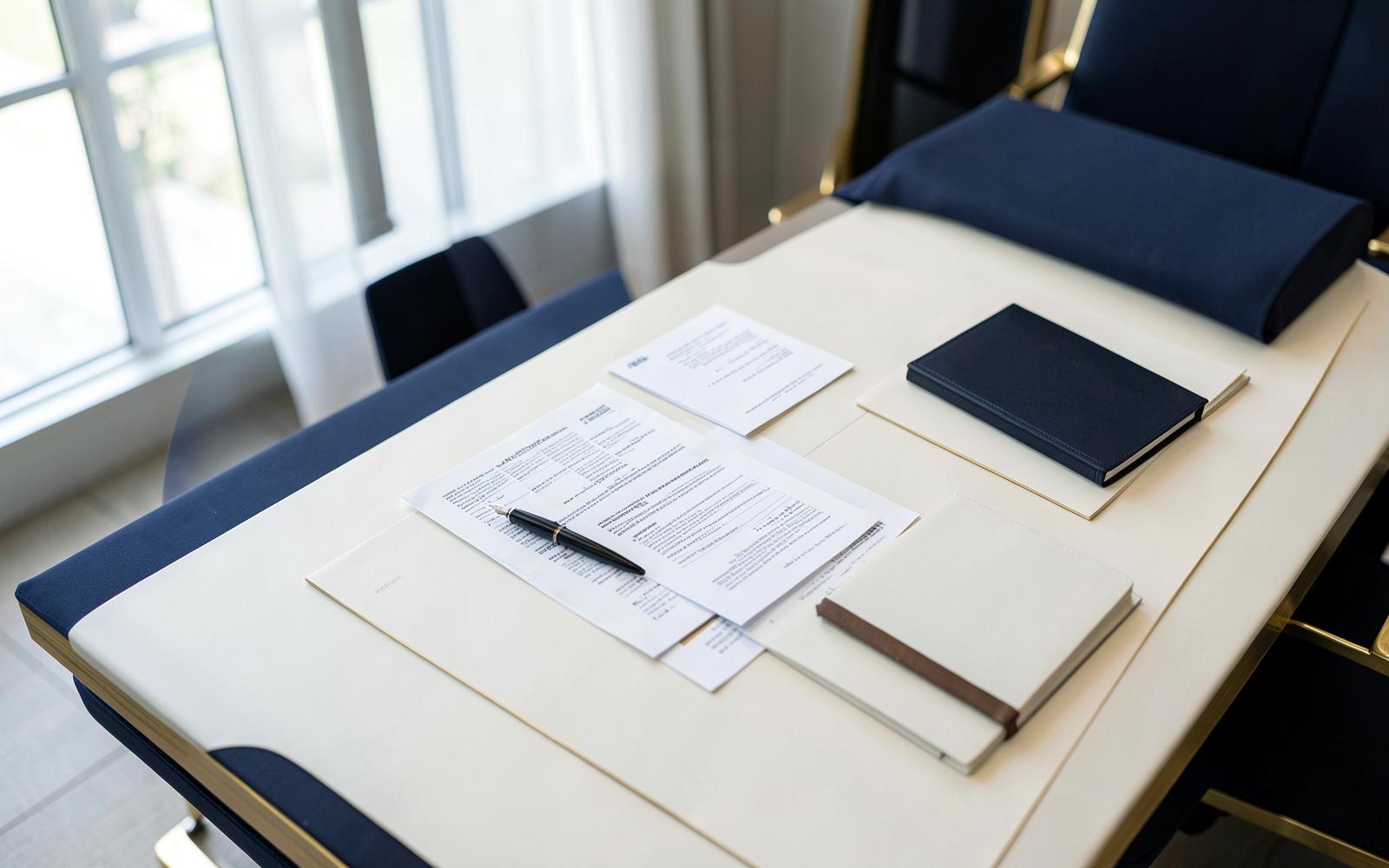 Transaction documents arranged on a boardroom table